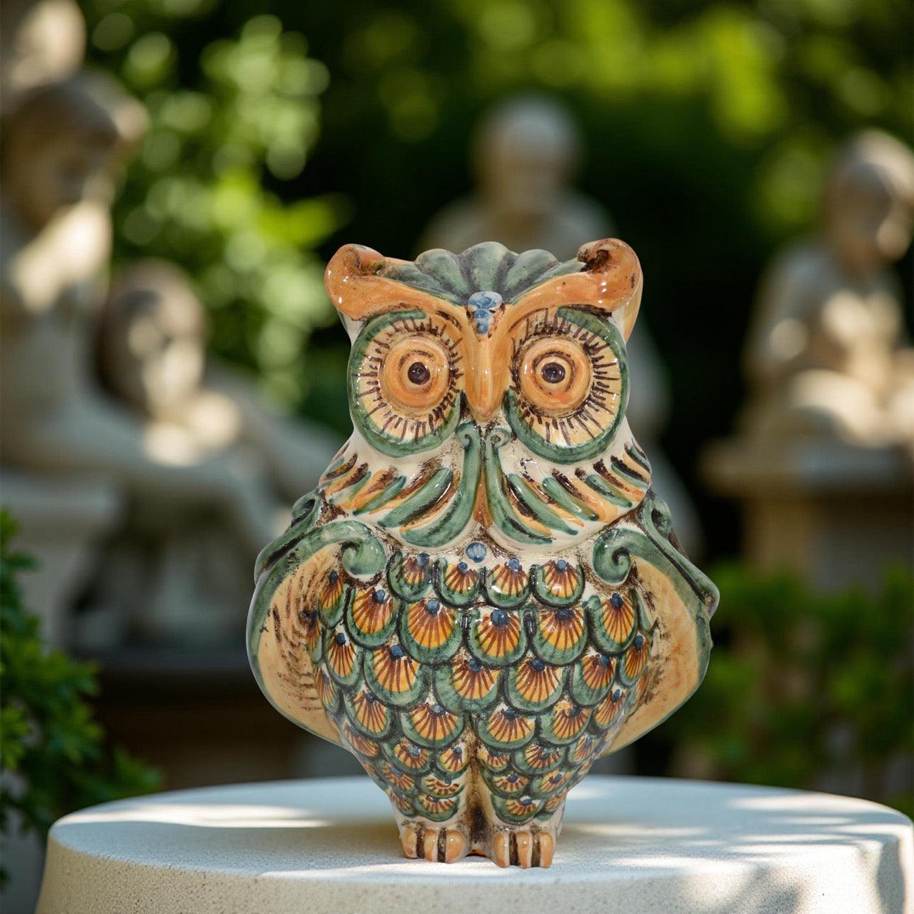 Gufo h 20 verde/arancio - Animali in ceramica - Ceramiche di Caltagirone Sofia