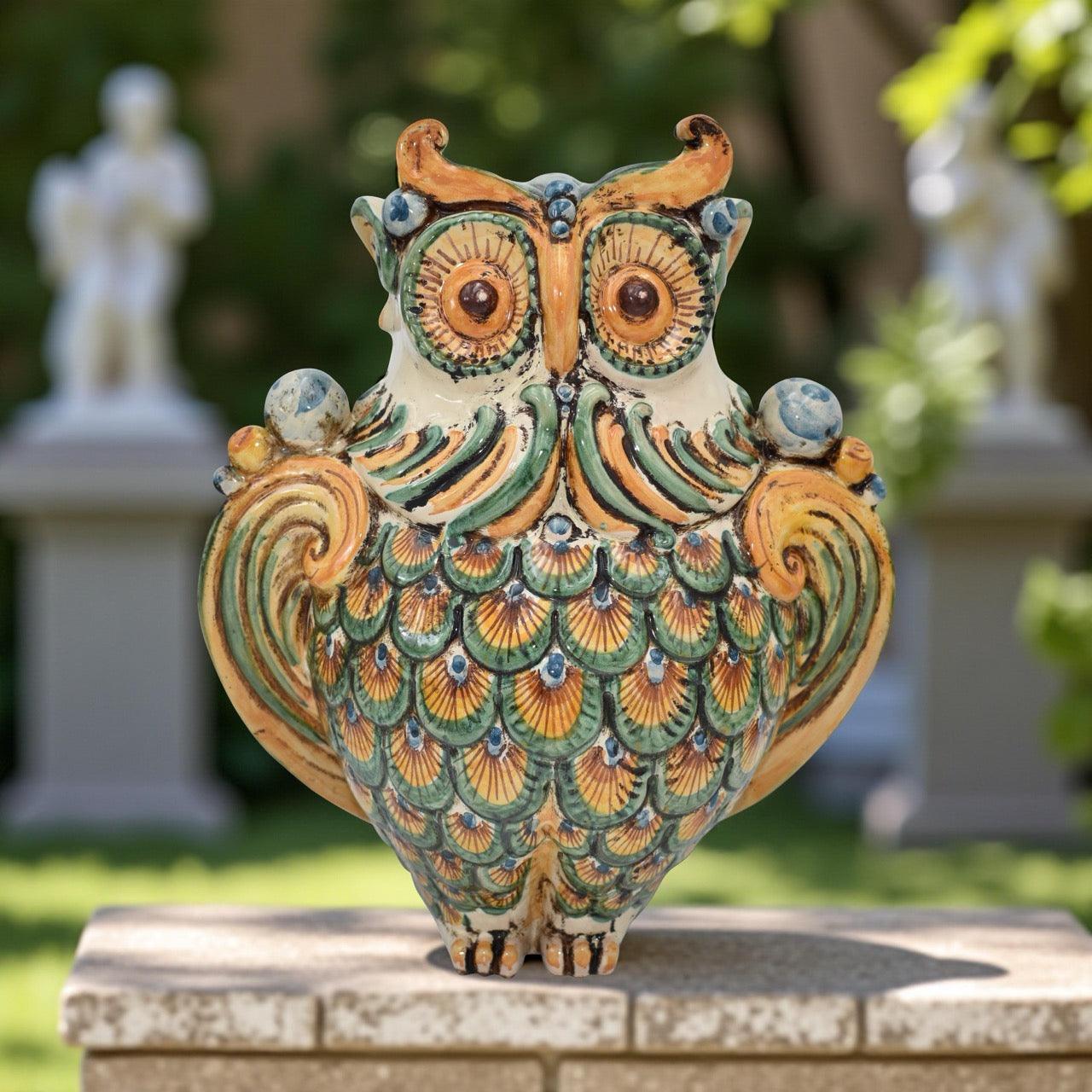 Gufo h 30 verde/arancio - Animali in ceramica - Ceramiche di Caltagirone Sofia