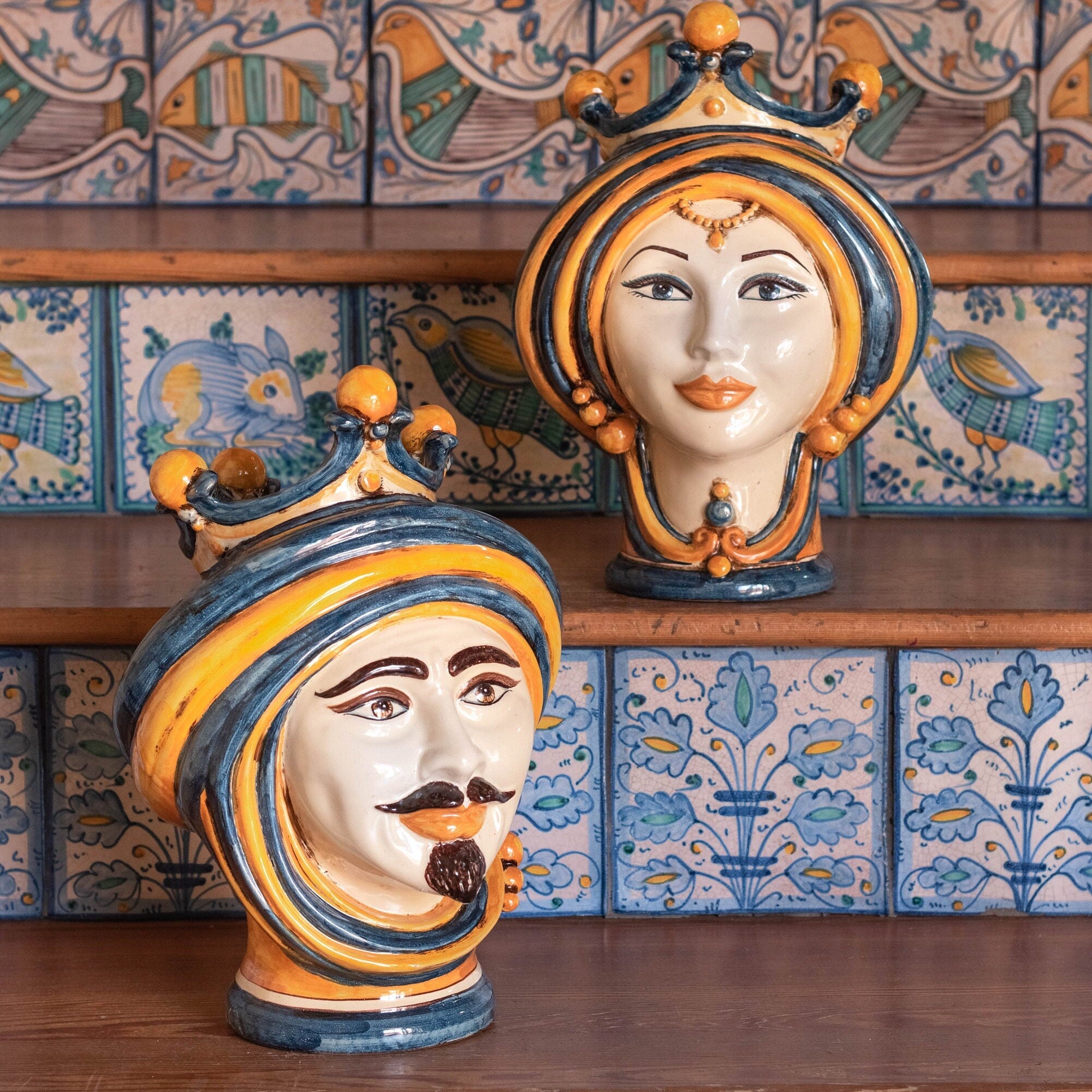 Sicilian Head Vase H 30 cm / 11.8", Man, Blue and Orange – Testa di Moro from Caltagirone, Sicily