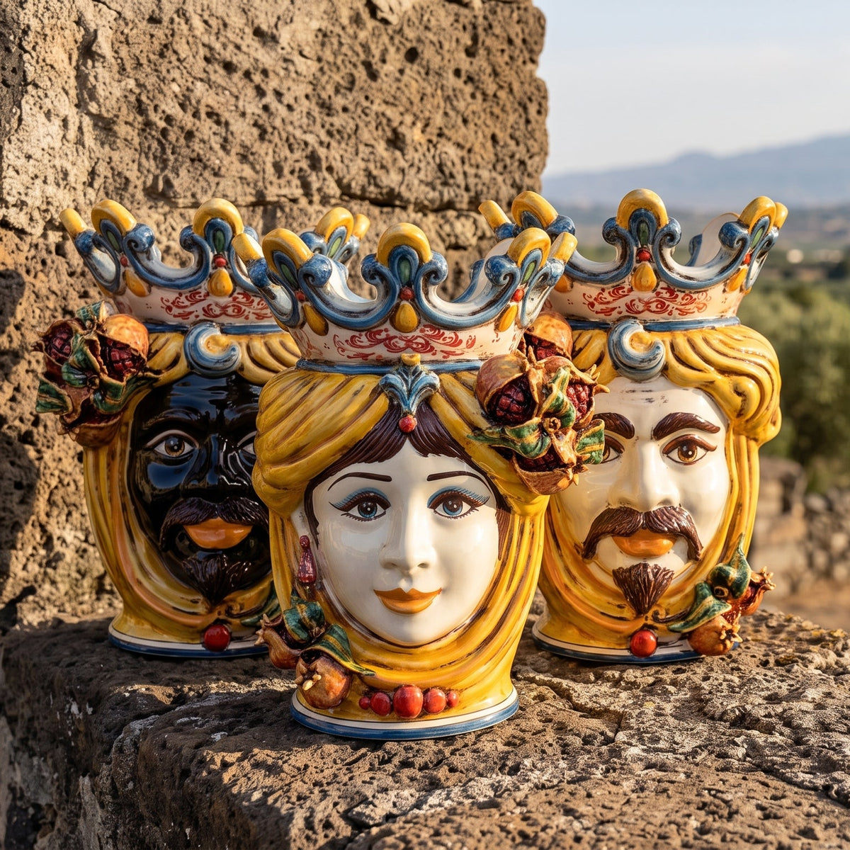 Sicilian Moor's Head with Pomegranates H 40 cm / 15.7", Woman, Yellow and Orange – Testa di Moro from Caltagirone, Sicily