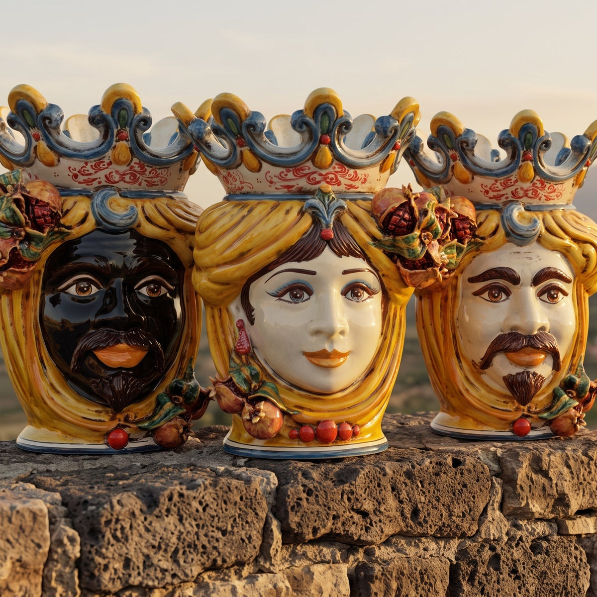 Sicilian Moor's Head with Pomegranates H 40 cm / 15.7", Woman, Yellow and Orange – Testa di Moro from Caltagirone, Sicily
