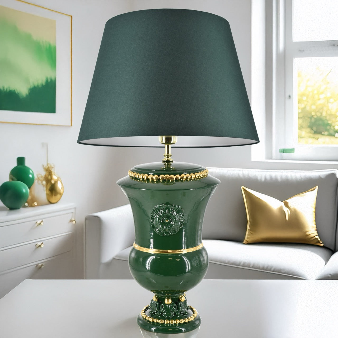 Lume a calice h 35 s/manici verde e oro (h63 c/paralume Ø40) - Ceramiche di Caltagirone Sofia