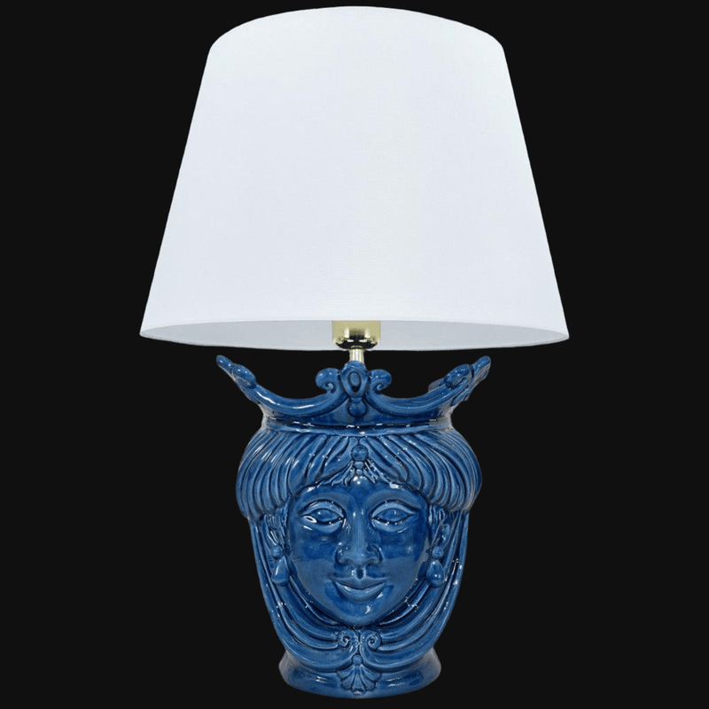 Italienische Keramiklampe H 55 cm, Frau, Intensives Blau – Caltagirone Keramik – Italienische Tischlampen-Tradition