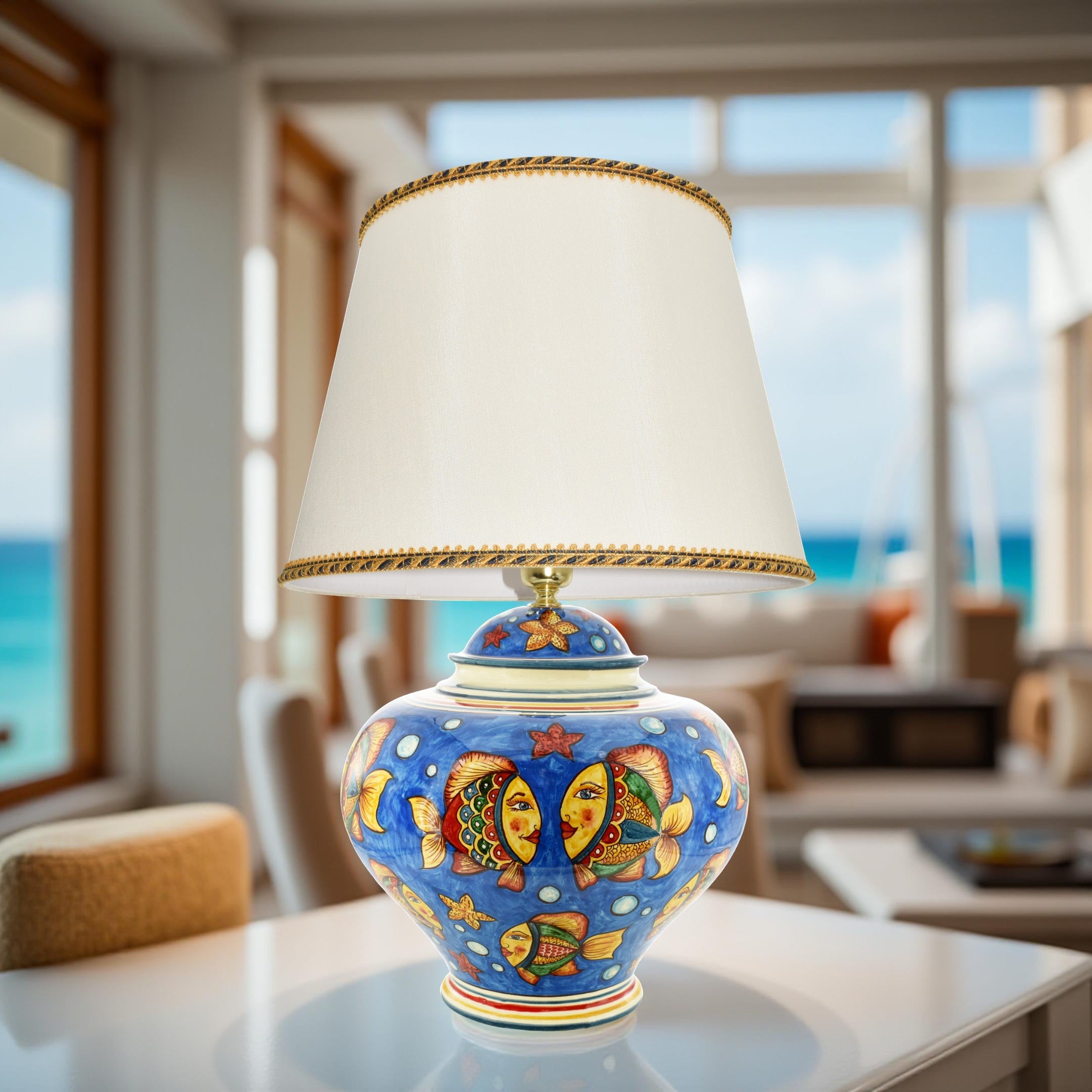 Lume Palla fondo blu Decoro Pesci in ceramica siciliana di Caltagirone - Ceramiche di Caltagirone Sofia