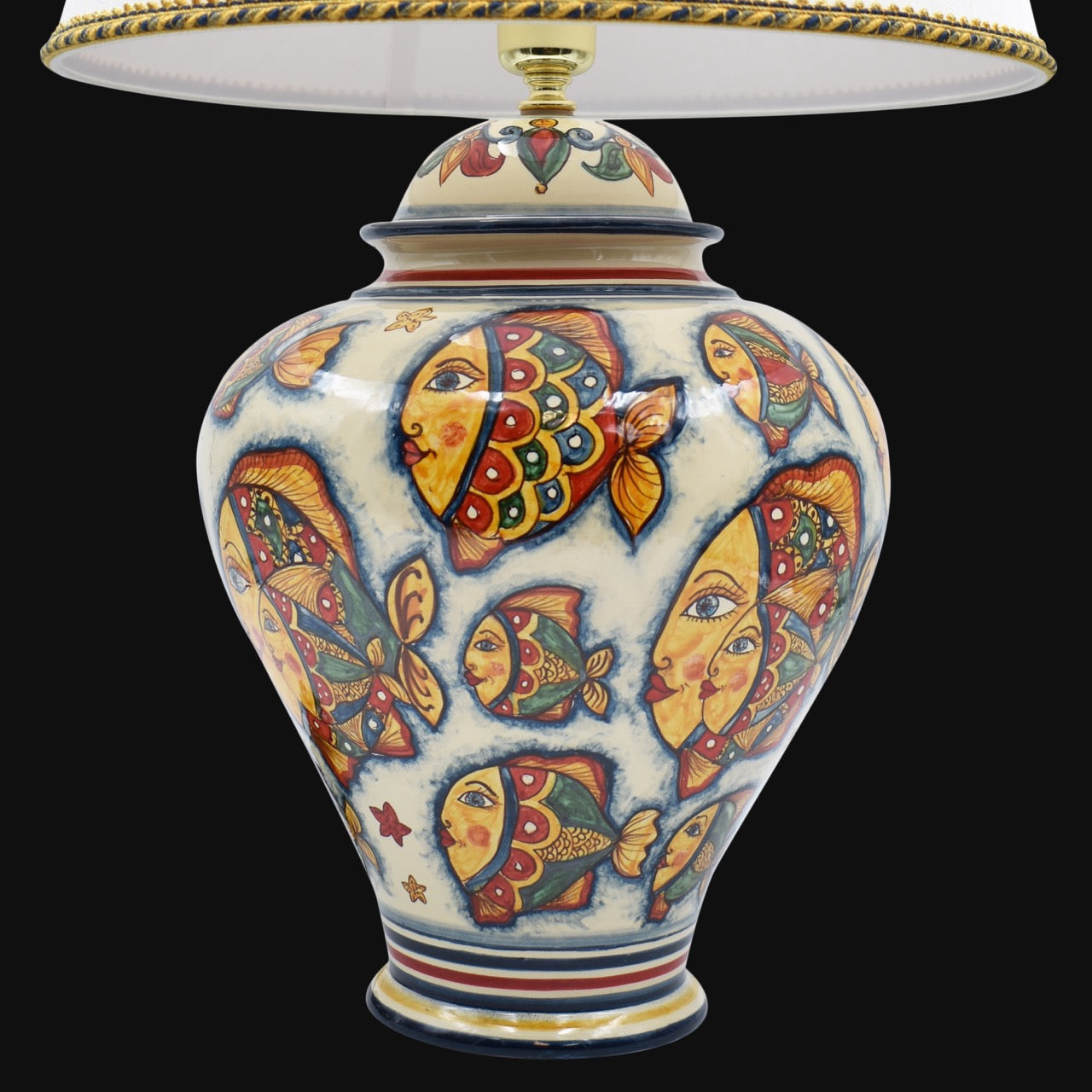 Lume Potiche Decoro Pesci in ceramica di Caltagirone (h65 c/paralume Ø40) - Ceramiche di Caltagirone Sofia