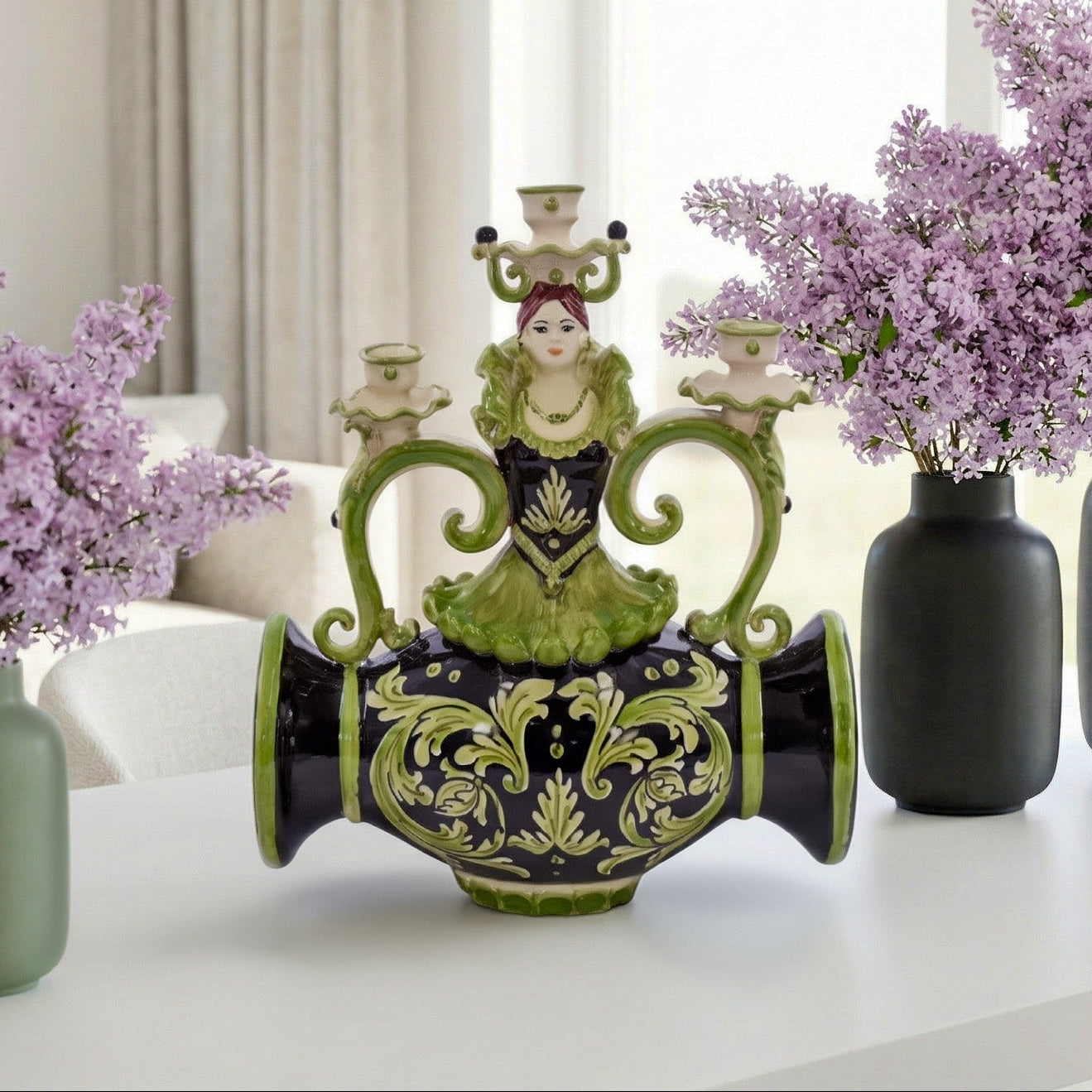 Lumiere de Caltagirone H 32 cm - Ligne Paris, Noir e Vert | Ceramique Caltagirone - tradition des lampes italiennes