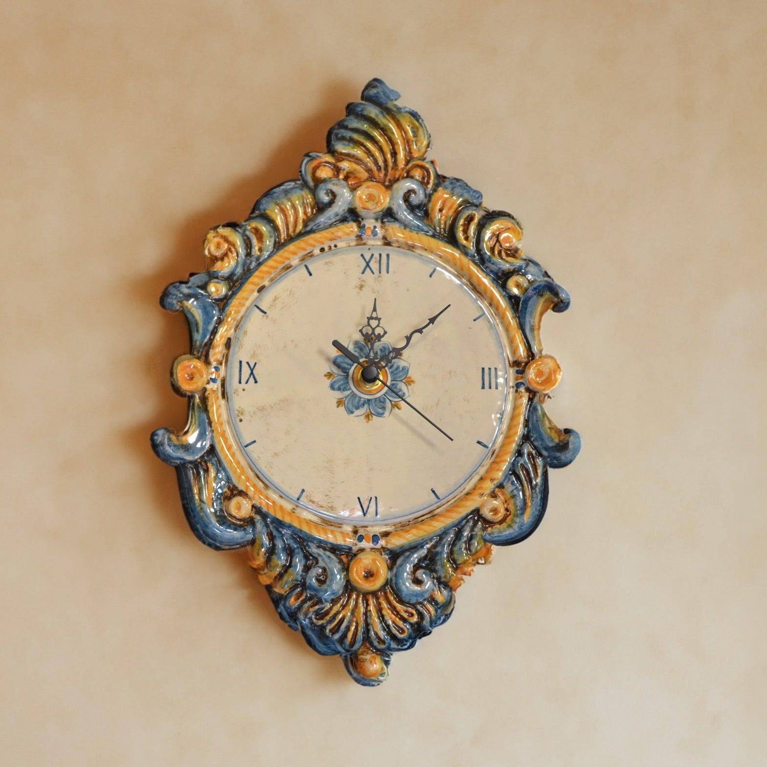 Orologio da parete in ceramica decoro blu e arancio - Ceramiche di Caltagirone Sofia