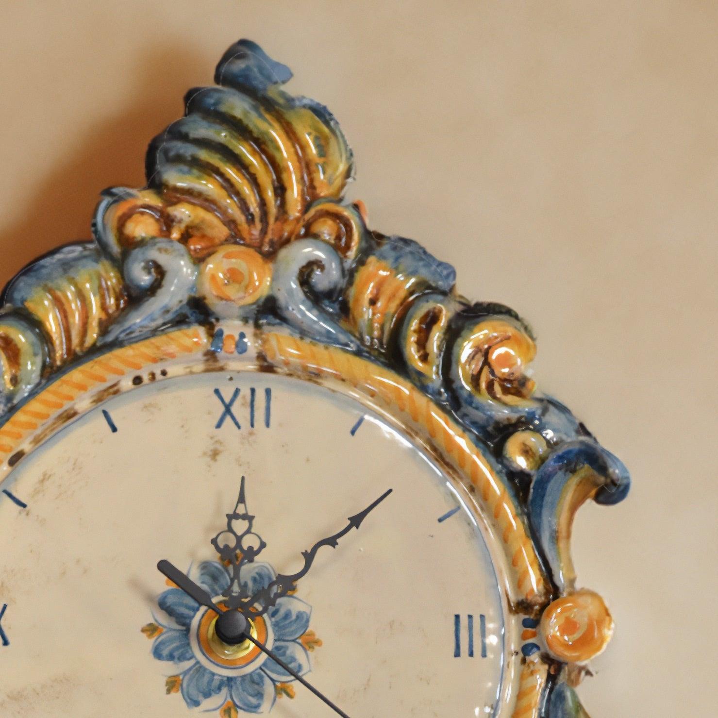 Orologio da parete in ceramica decoro blu e arancio - Ceramiche di Caltagirone Sofia
