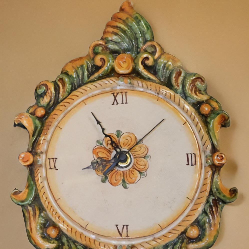 Orologio da parete in ceramica decoro verde e arancio - Ceramiche di Caltagirone Sofia