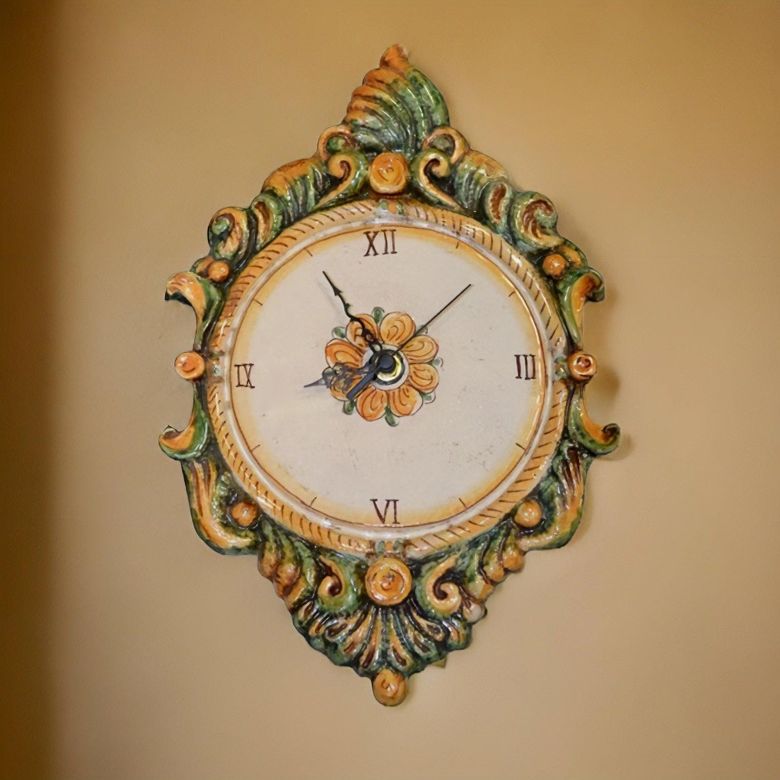 Orologio da parete in ceramica decoro verde e arancio - Ceramiche di Caltagirone Sofia