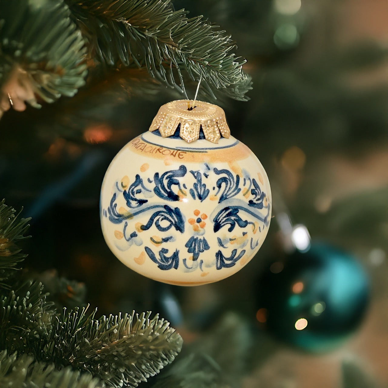 Pallina natalizia Ø 8 s. d'arte blu e arancio - Natale a Caltagirone - Ceramiche di Caltagirone Sofia