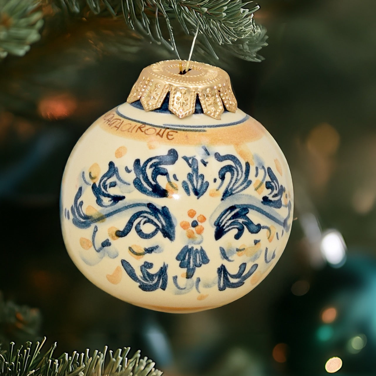 Pallina natalizia Ø 8 s. d'arte blu e arancio - Natale a Caltagirone - Ceramiche di Caltagirone Sofia