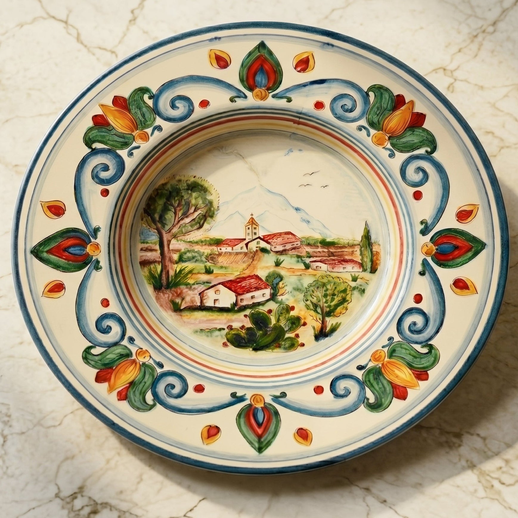 Assiette en Majolique Sicilienne - Con Paesaggio Etna, Decor Sicily | Ceramique Caltagirone - artisanat sicilien