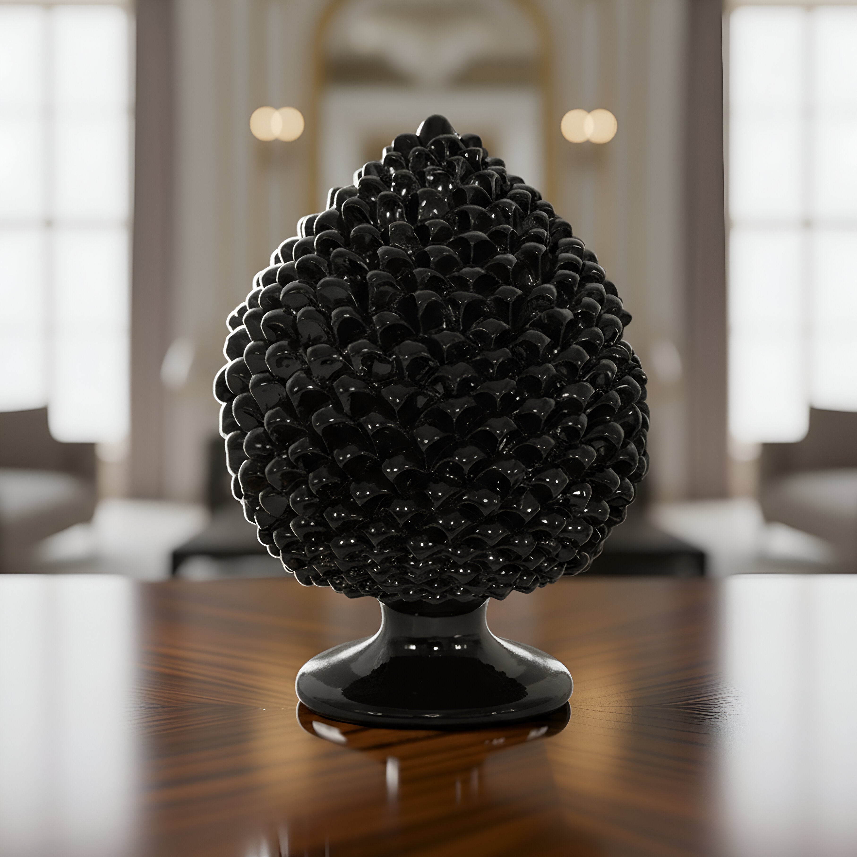 Pigna nera ceramica Caltagirone fatti a mano su tavolo elegante in salotto moderno