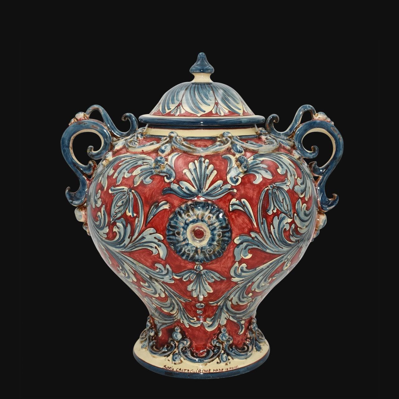 Potiche a palla c/manici h 38 plastico sofia ornato blu/bordeaux - Ceramiche di Caltagirone Sofia