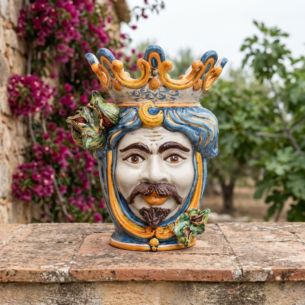 Jarrón Siciliano con Higos H 40 cm, Hombre Blanco, Azul y Naranja – Testa di Moro de Caltagirone, Sicilia