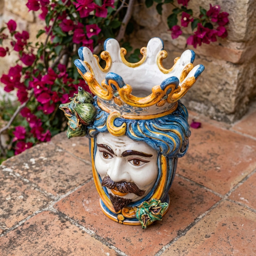 Jarrón Siciliano con Higos H 40 cm, Hombre Blanco, Azul y Naranja – Testa di Moro de Caltagirone, Sicilia
