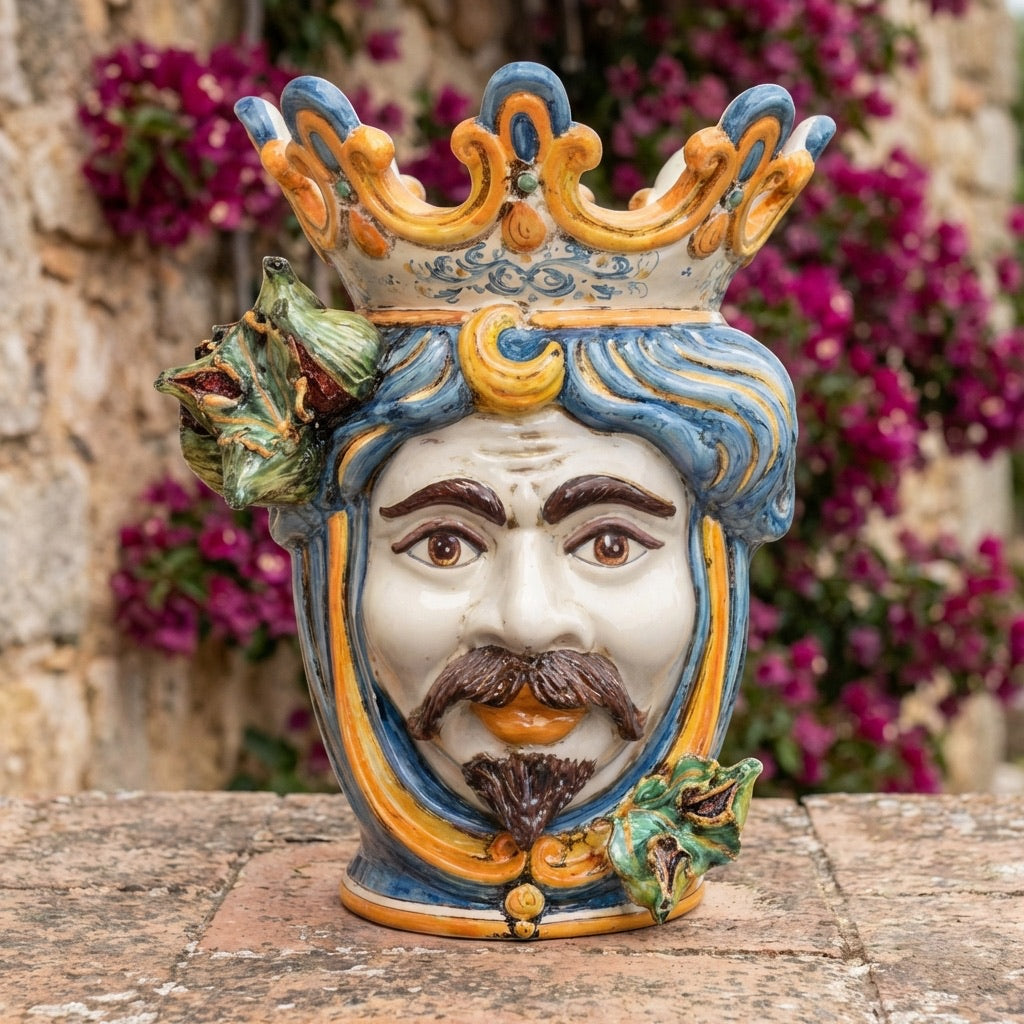 Sicilian Head Vase with Figs H 40 cm / 15.7", White Man, Blue and Orange – Testa di Moro from Caltagirone, Sicily