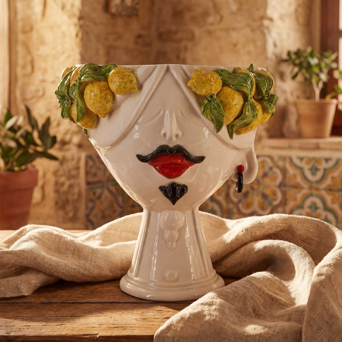 Testa di Moro con limoni "Zahira" uomo | White and Lemon 30 cm - Ceramiche di Caltagirone Sofia