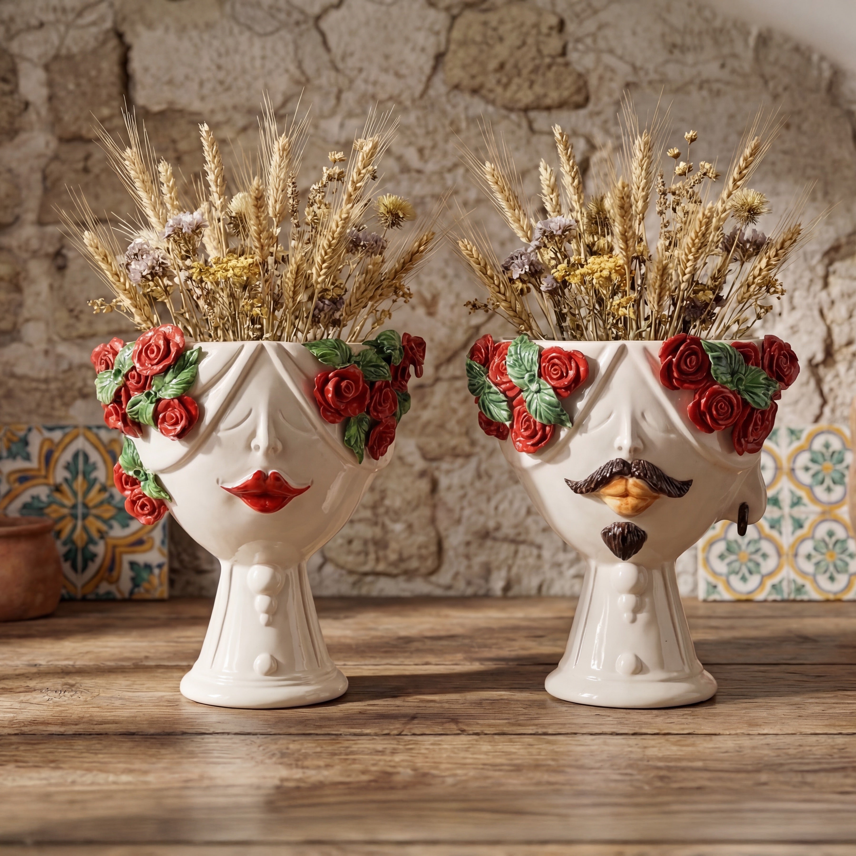 Testa di Moro con rose rosse "Zahira" donna | White and Color 30 cm - Ceramiche di Caltagirone Sofia