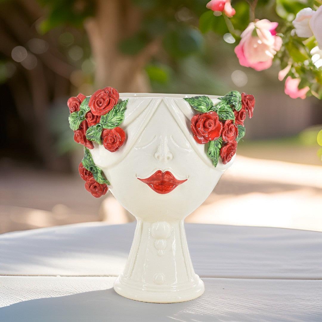 Testa di Moro con rose rosse "Zahira" donna | White and Color 30 cm - Ceramiche di Caltagirone Sofia