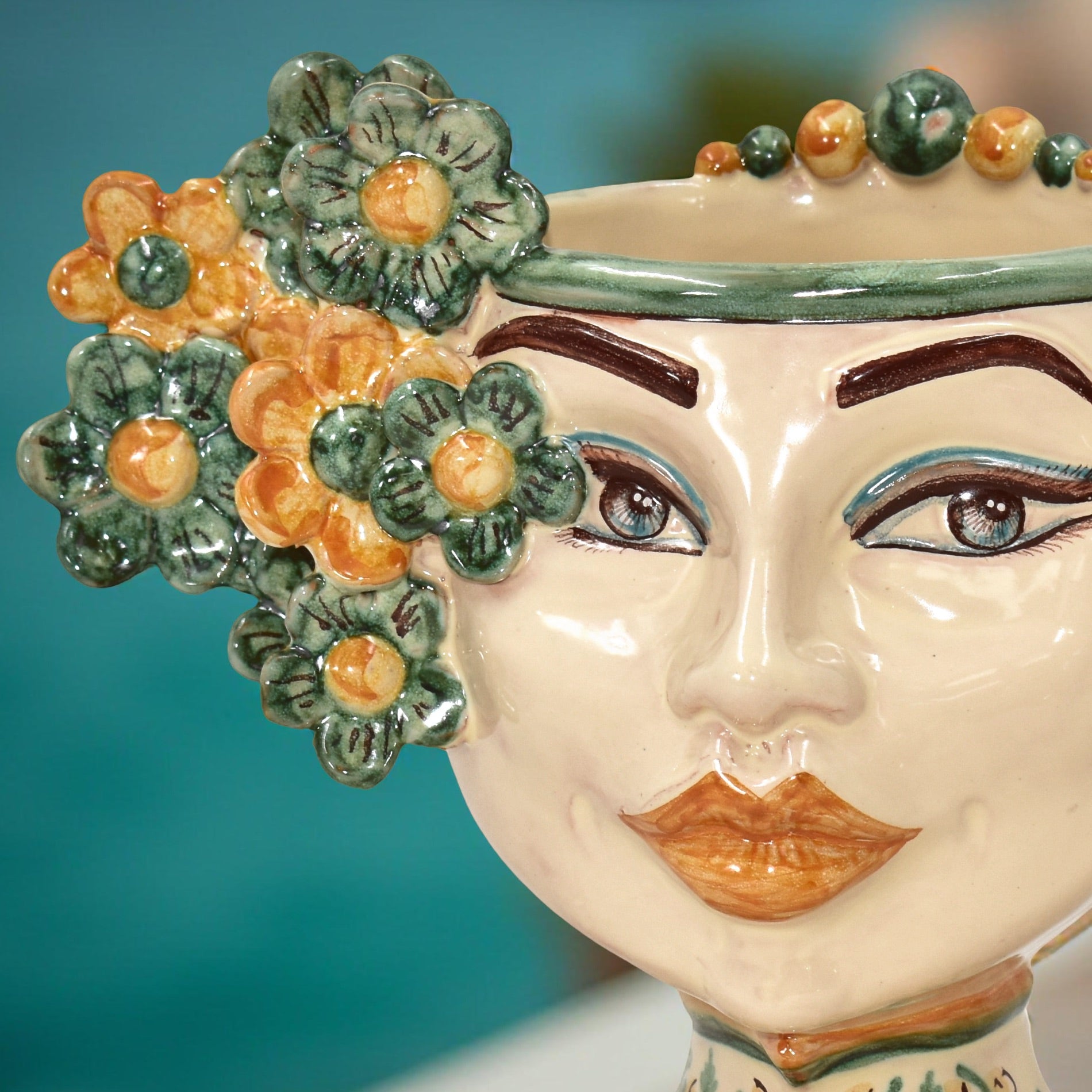 Testa di moro h 20 cm Linea Fiori decoro verde e arancio - Ceramiche di Caltagirone Sofia
