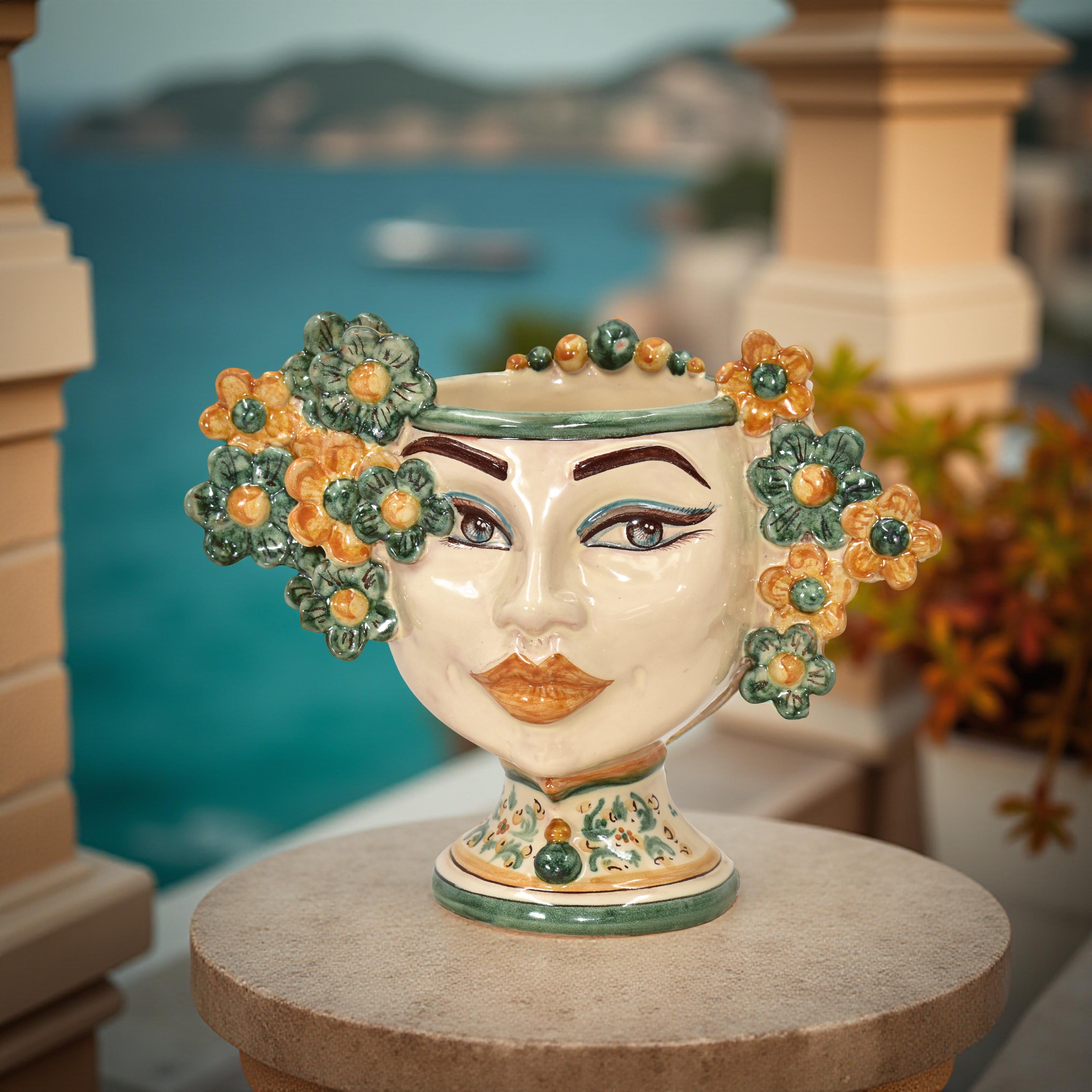 Testa di moro h 20 cm Linea Fiori decoro verde e arancio - Ceramiche di Caltagirone Sofia