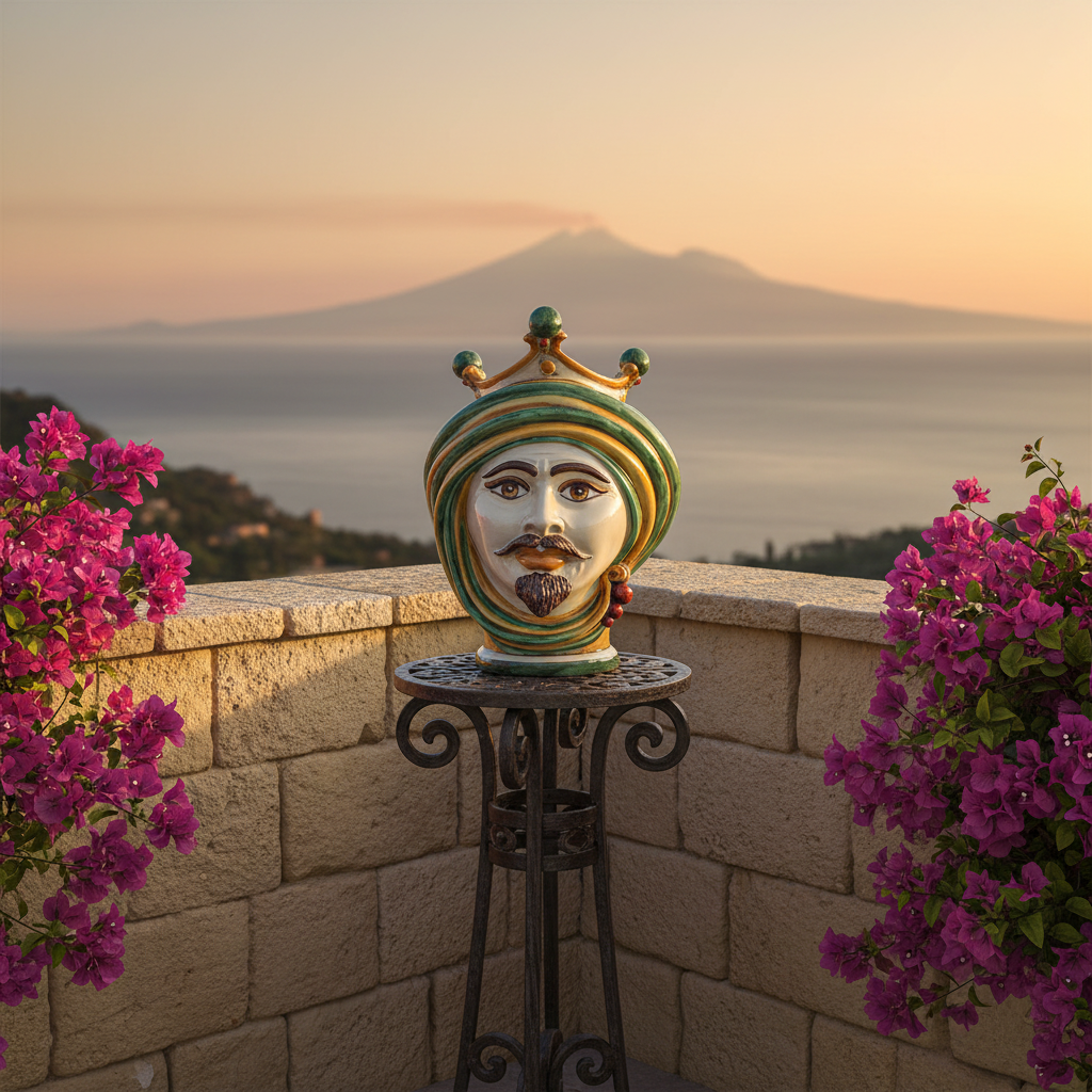 Moor Head Vase h 30 Green and Orange - Modern Moorish heads Sofia Ceramiche