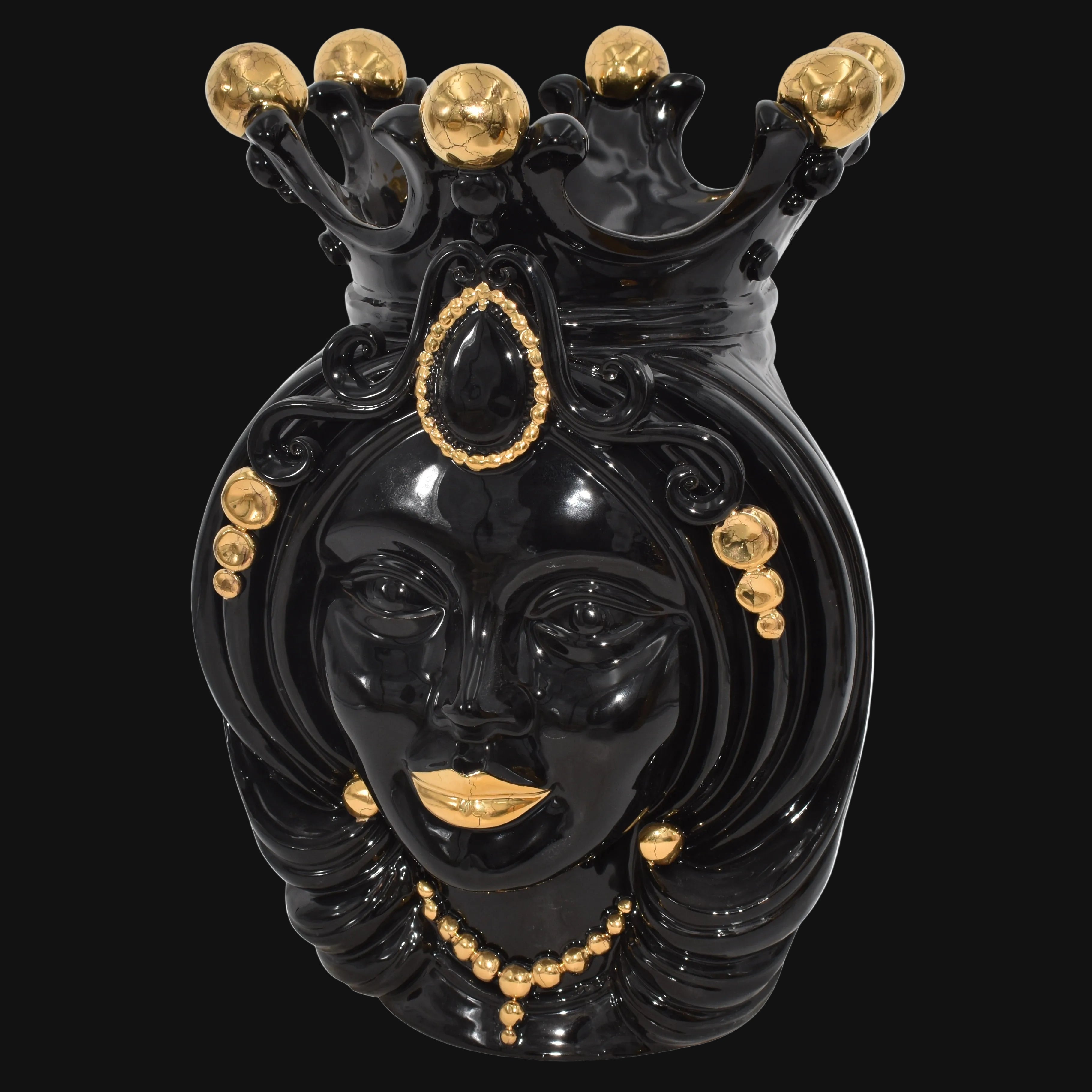 Tête de Maure Sicilienne H 38 cm – Femme, Black And Gold – Testa di Moro de Caltagirone, Sicile
