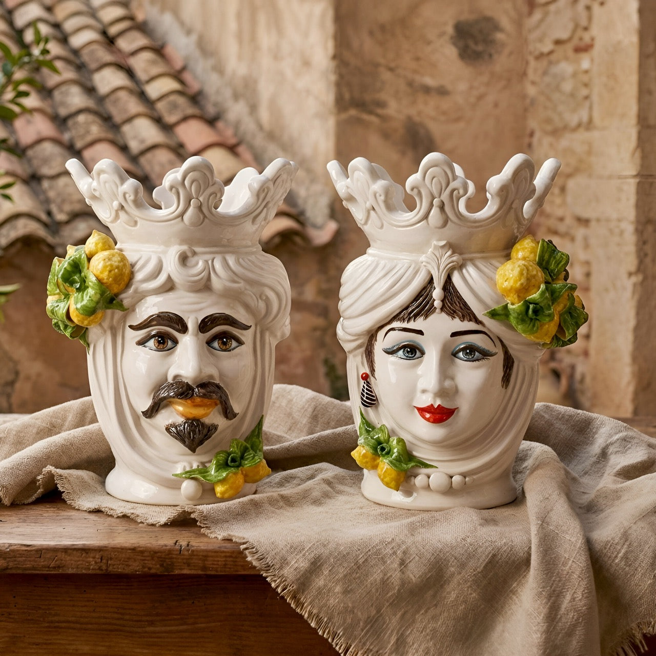 Testa di Moro h 40 cm White and Lemon femmina - Ceramiche di Caltagirone Sofia