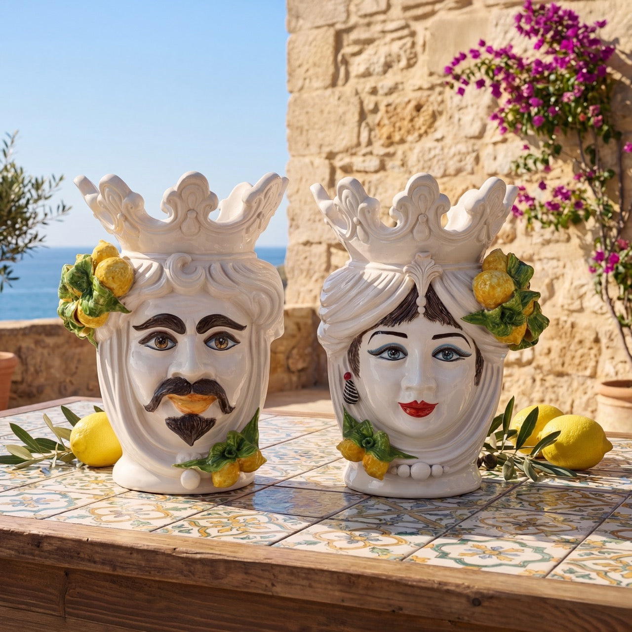 Testa di Moro h 40 cm White and Lemon femmina - Ceramiche di Caltagirone Sofia