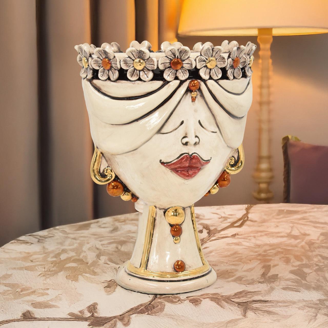 Testa di Moro Zahira Donna con Fiori Madreperla Antichizzato con Oro e Lustri - Ceramiche di Caltagirone Sofia