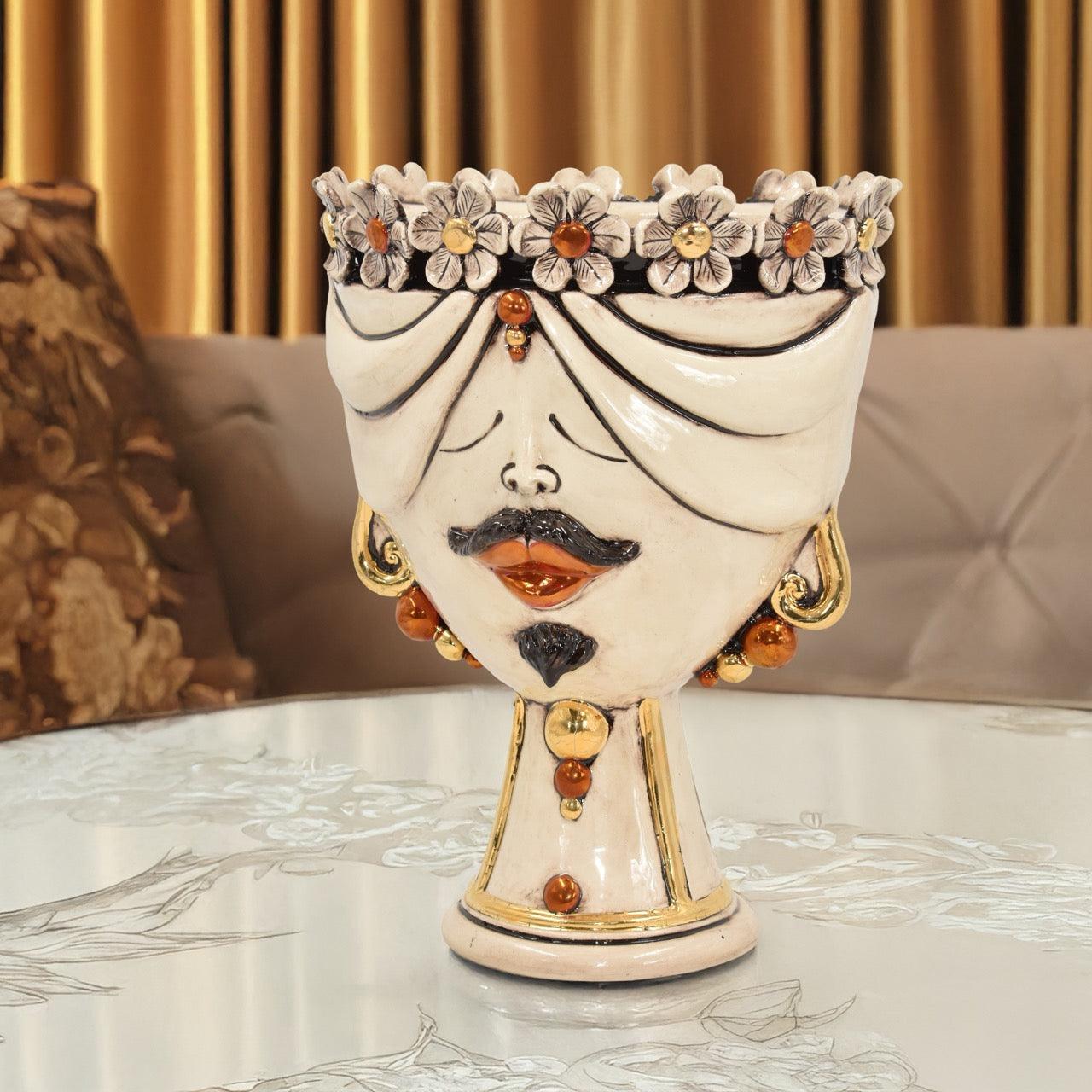 Testa di Moro Zahira Uomo con Fiori Madreperla Antichizzato con Oro e Lustri - Ceramiche di Caltagirone Sofia