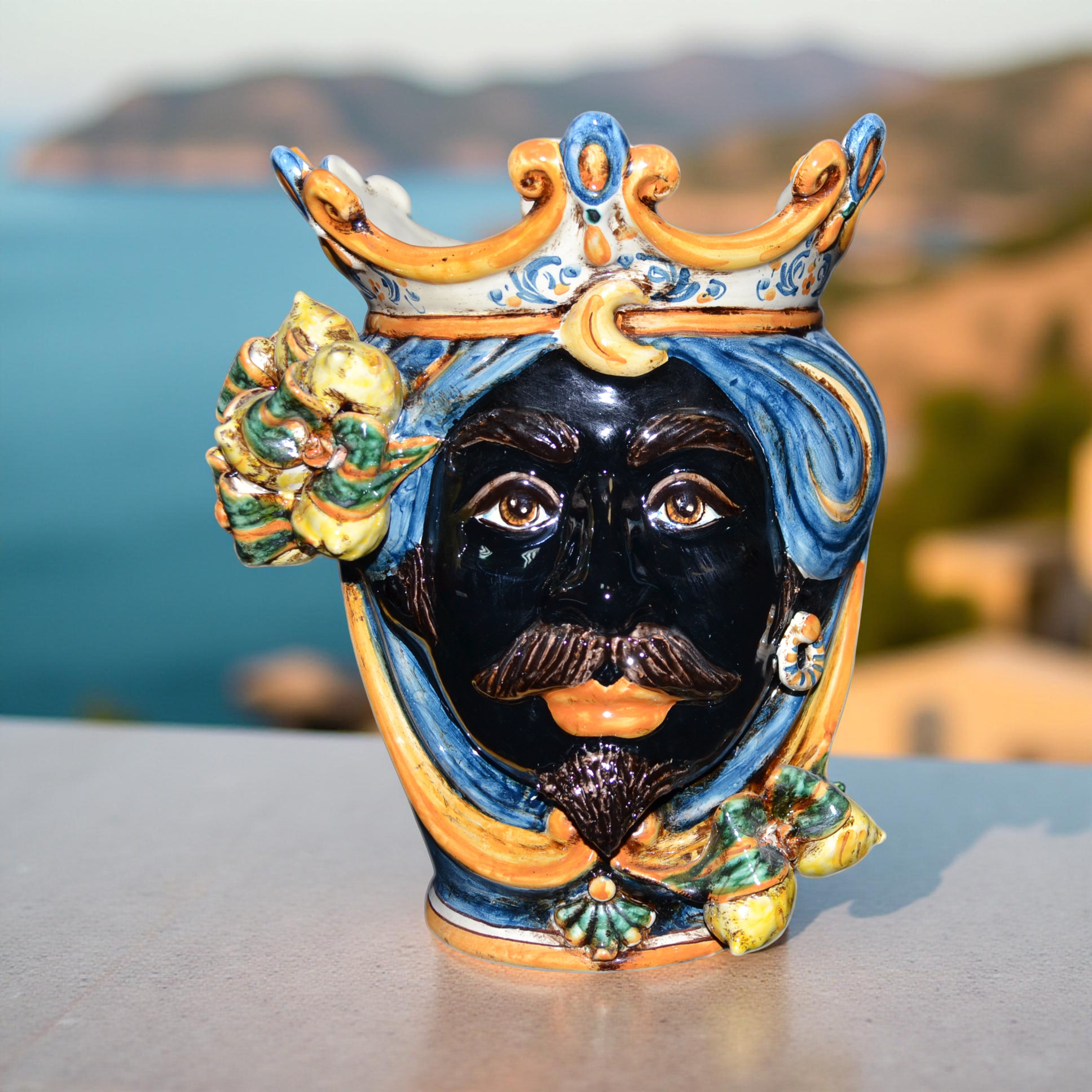 Testa h 25 cm limoni blu e arancio maschio moro - Ceramiche di Caltagirone Sofia