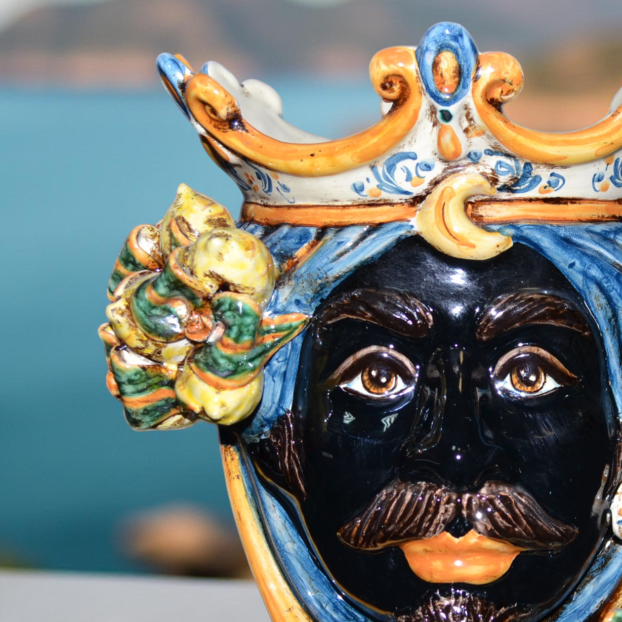 Testa h 25 cm limoni blu e arancio maschio moro - Ceramiche di Caltagirone Sofia