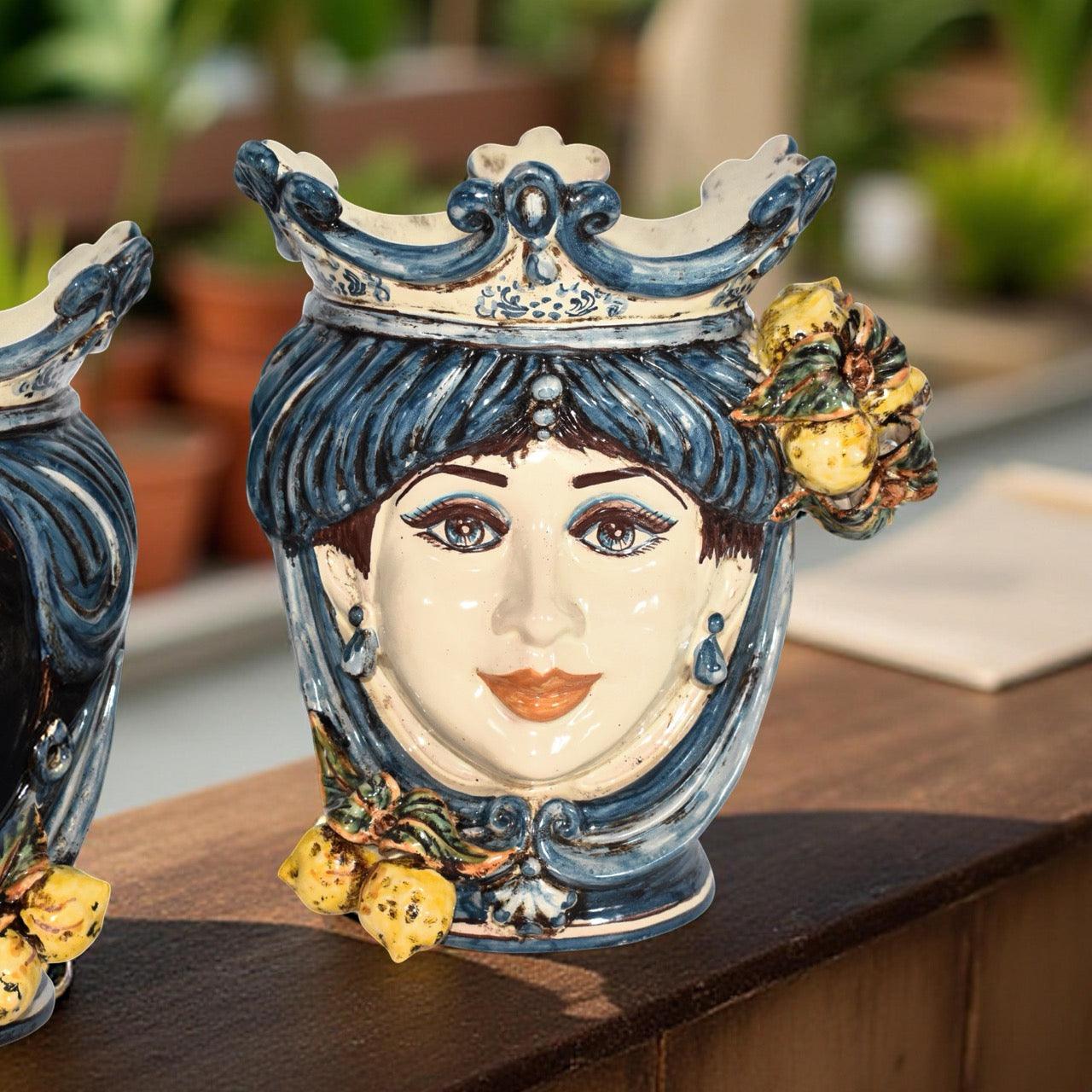Testa h 25 con limoni mono blu femmina - Ceramiche di Caltagirone Sofia
