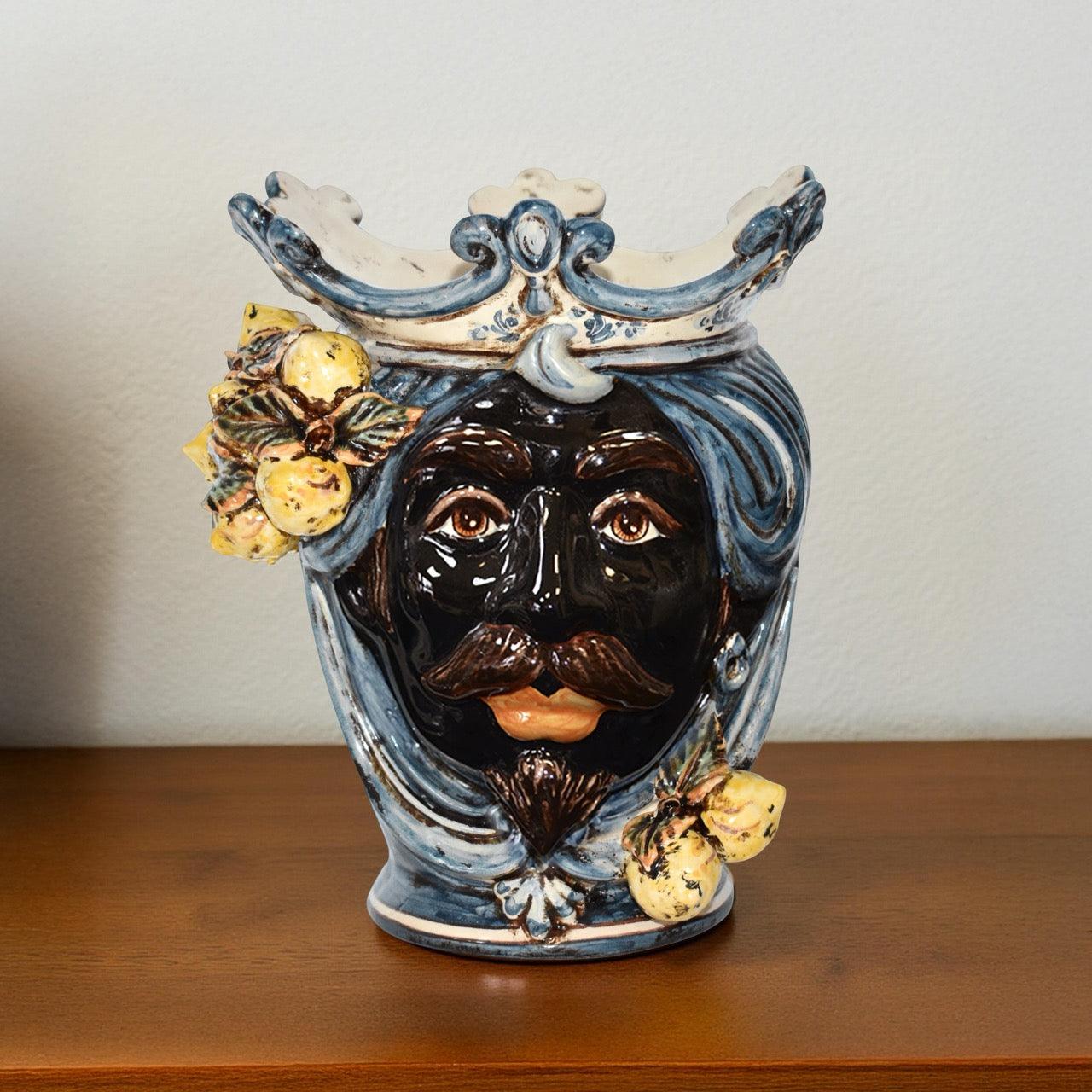 Testa h 25 con limoni mono blu maschio moro - Ceramiche di Caltagirone Sofia