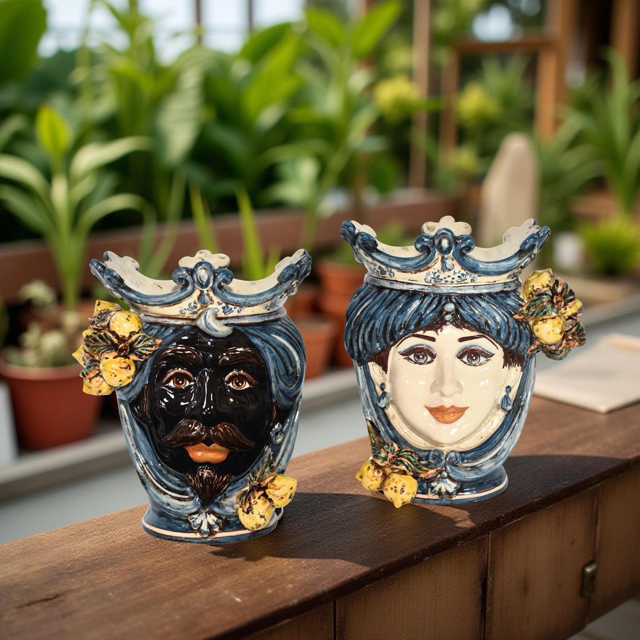 Testa h 25 con limoni mono blu maschio moro - Ceramiche di Caltagirone Sofia