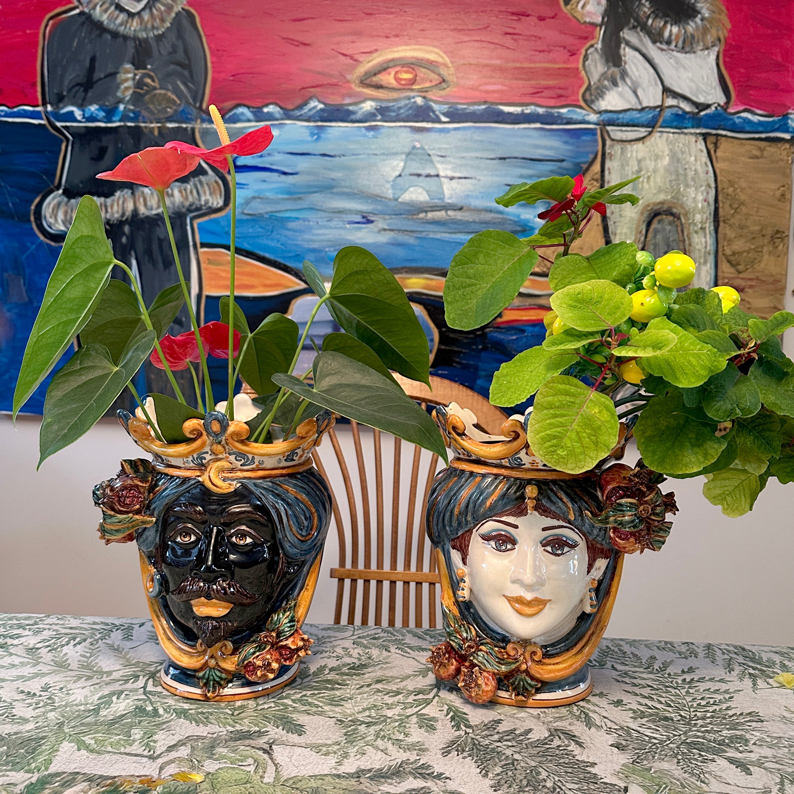 Testa h 25 melograni blu e arancio maschio moro - Ceramiche di Caltagirone Sofia