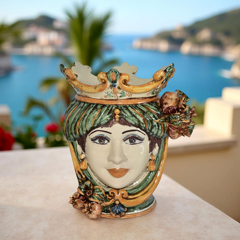 Ceramic Head with pomegranate h 25 green/orange female