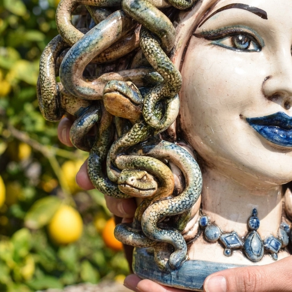 Testa h 25 turbante medusa madreperla colorato perline blu - Ceramiche di Caltagirone Sofia