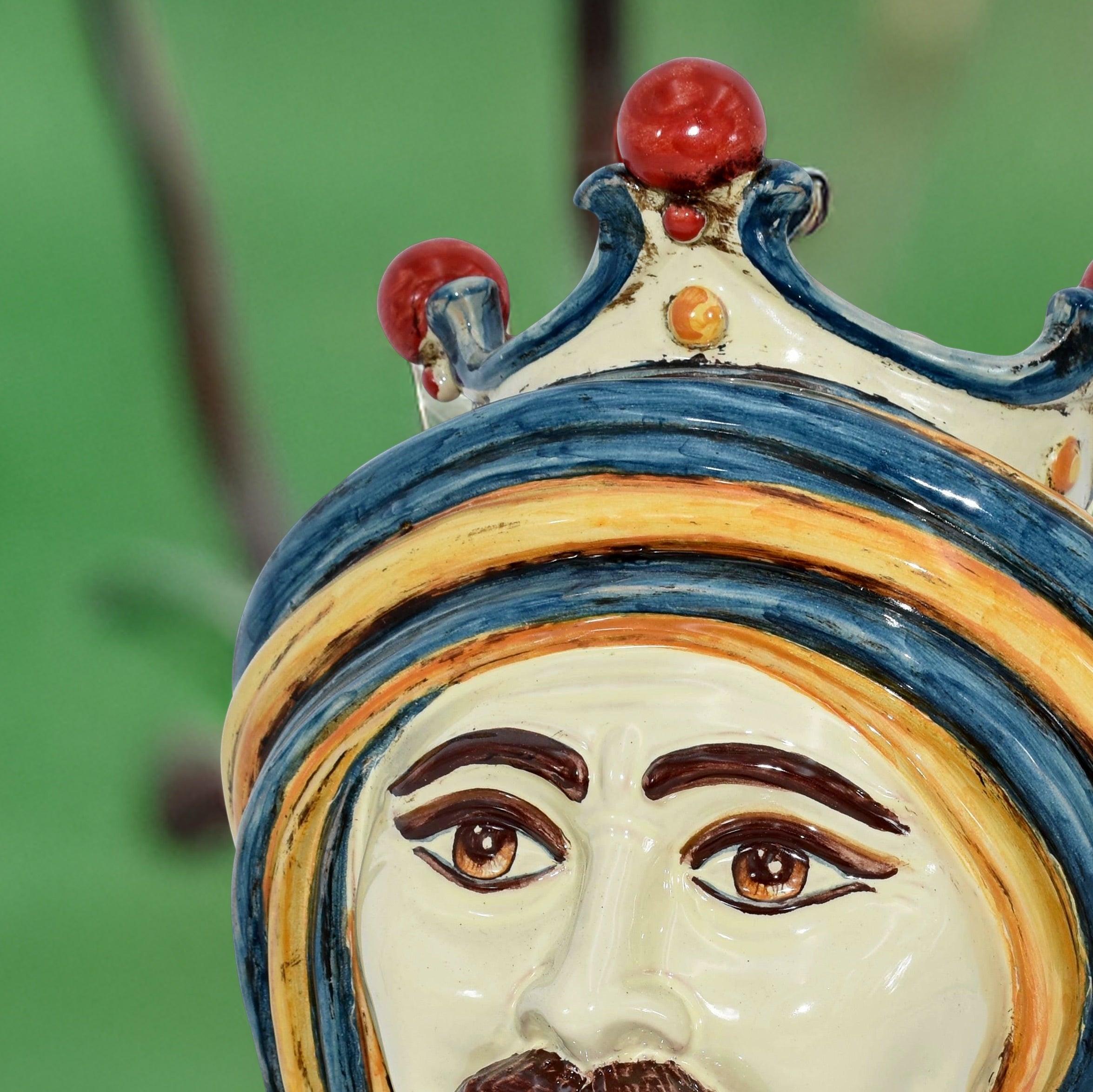 Testa h 30 in blu e arancio maschio bianco - Ceramiche di Caltagirone Sofia