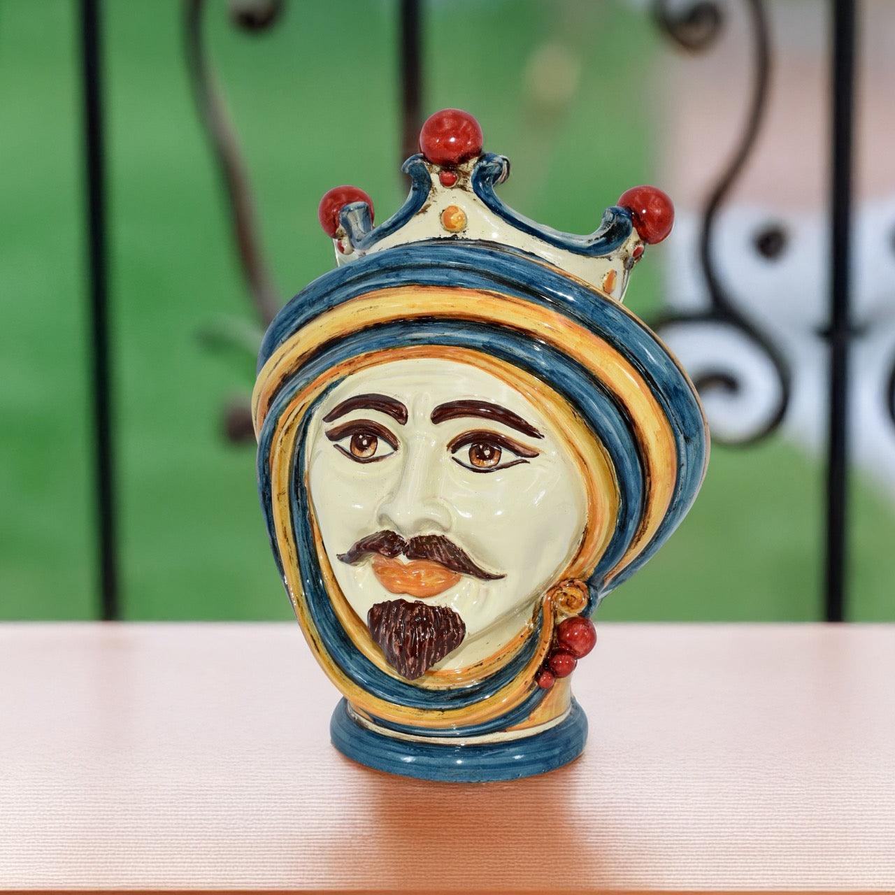 Testa h 30 in blu e arancio maschio bianco - Ceramiche di Caltagirone Sofia