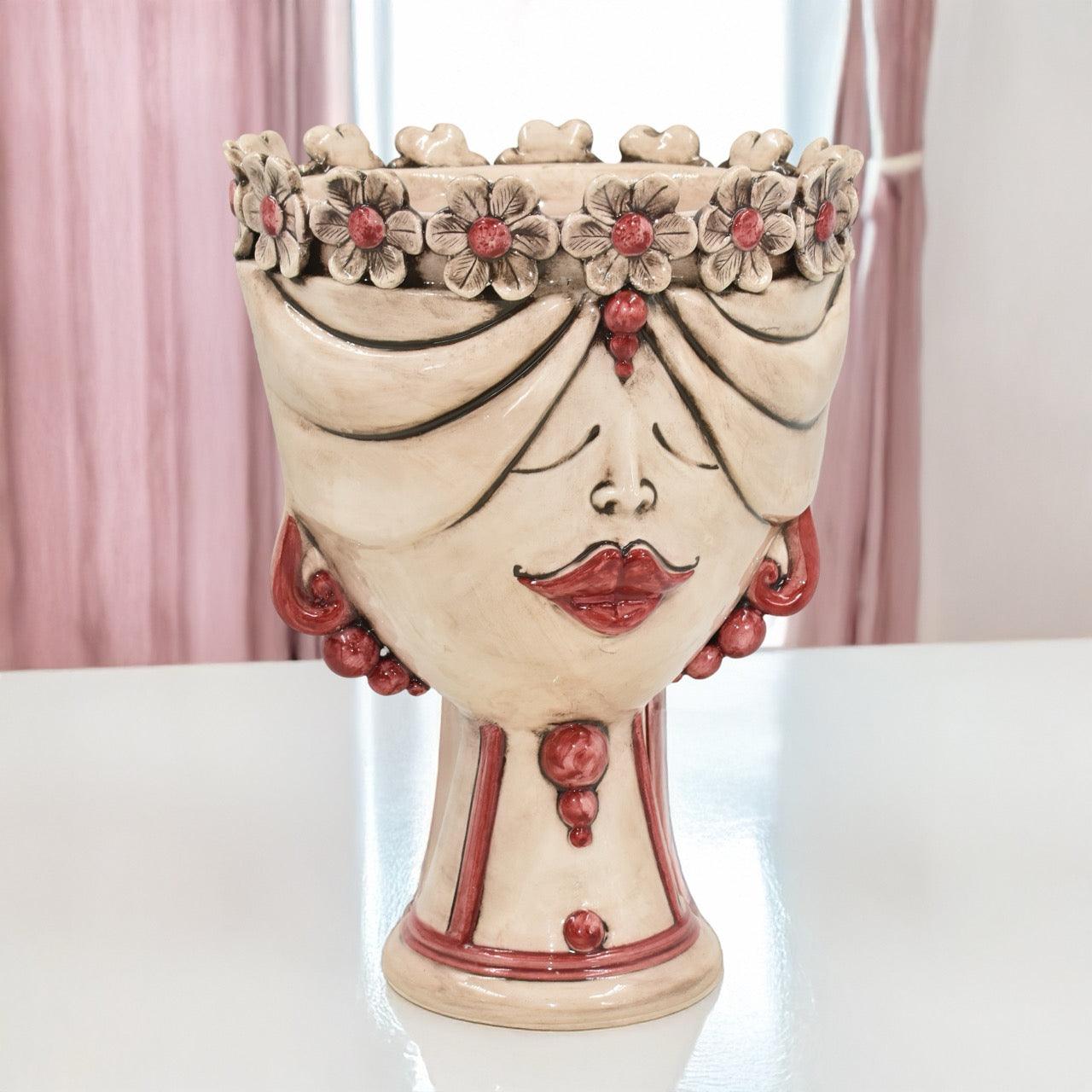 Testa h 30 zahira c/fiori madreperla antichizzato mono bordeaux femmina - Ceramiche di Caltagirone Sofia