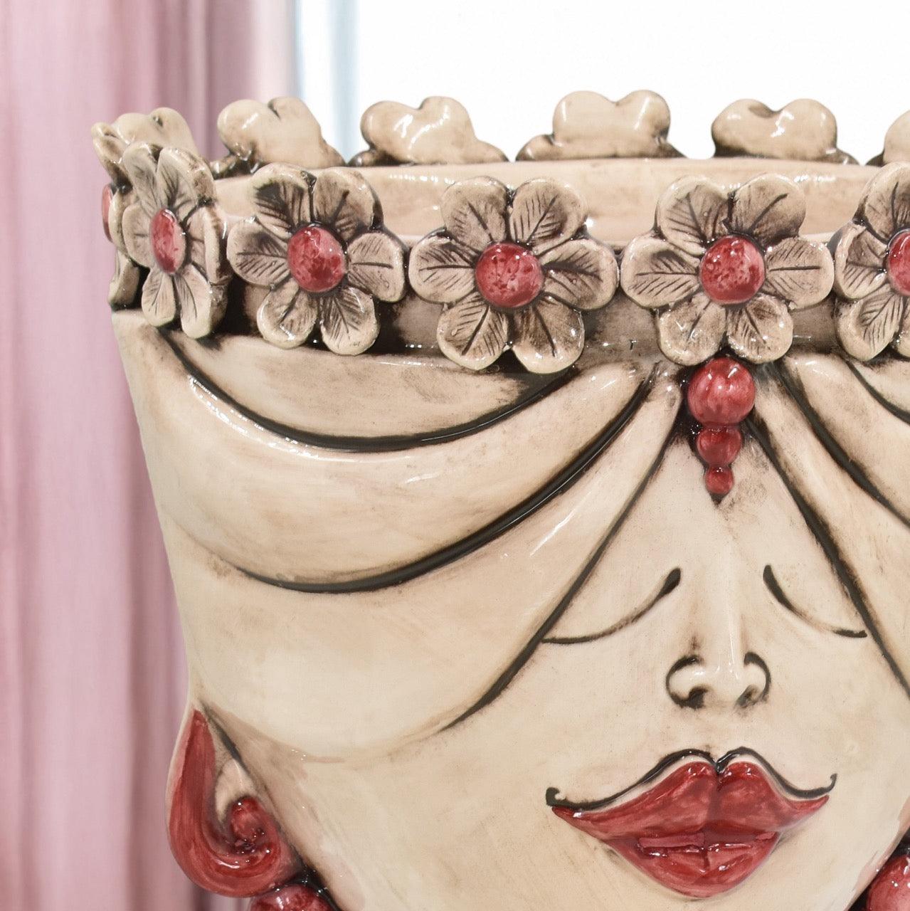 Testa h 30 zahira c/fiori madreperla antichizzato mono bordeaux femmina - Ceramiche di Caltagirone Sofia