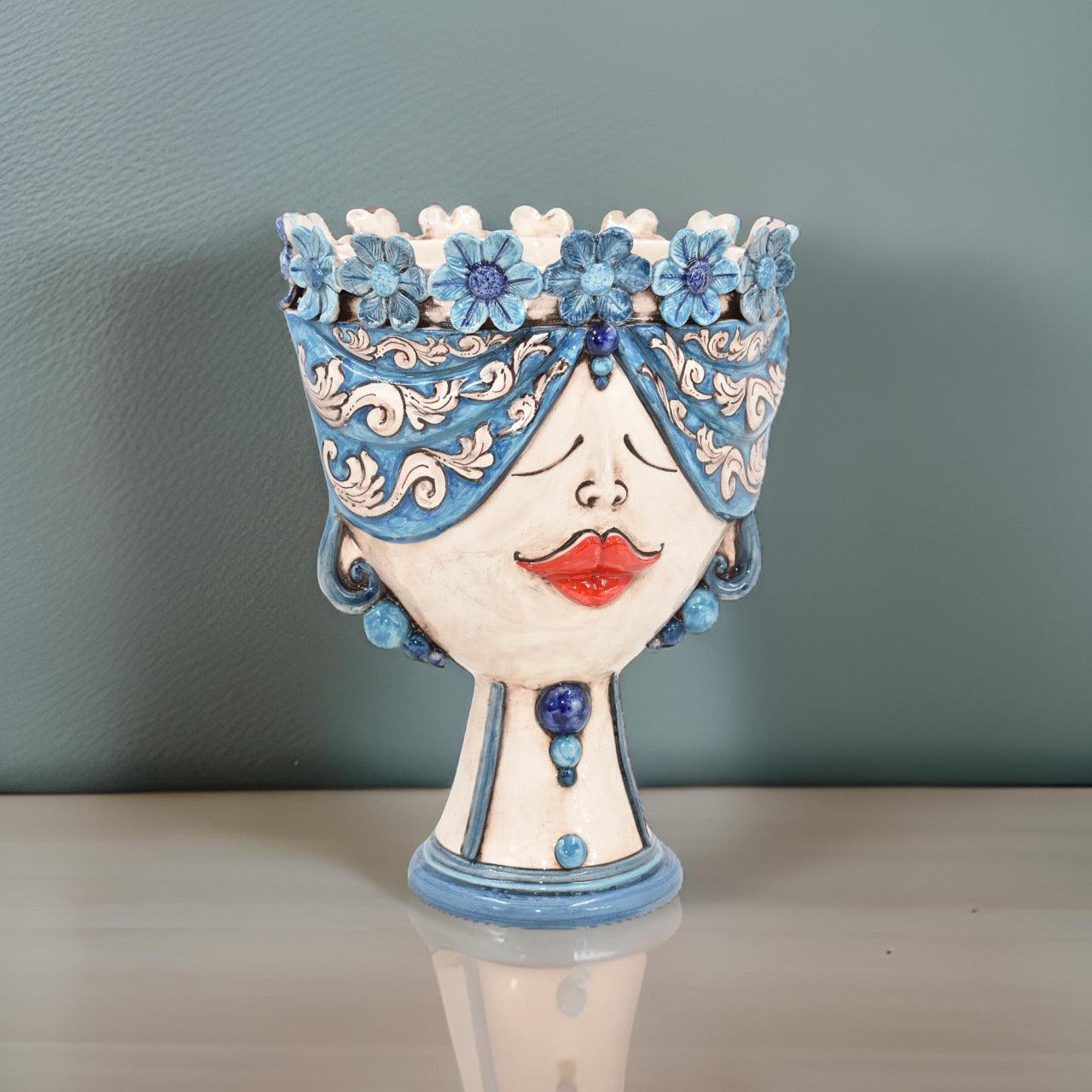 Testa h 30 zahira c/fiori ornato blu madreperla antichizzato femmina - Ceramiche di Caltagirone Sofia
