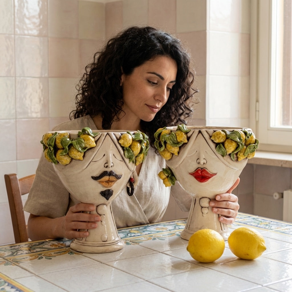 Testa h 30 Zahira Limoni Siciliani in Madreperla viso donna - Ceramiche di Caltagirone Sofia