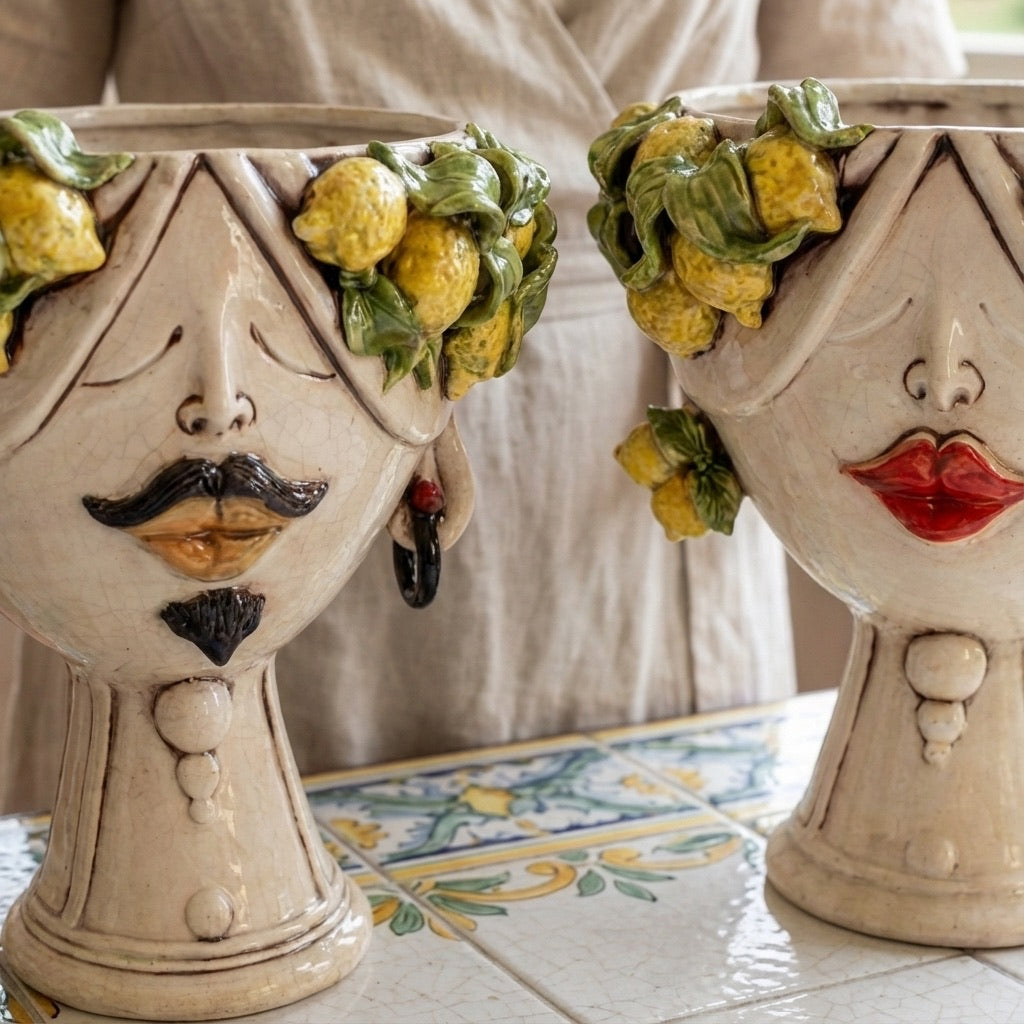 Testa h 30 Zahira Limoni Siciliani in Madreperla viso uomo - Ceramiche di Caltagirone Sofia