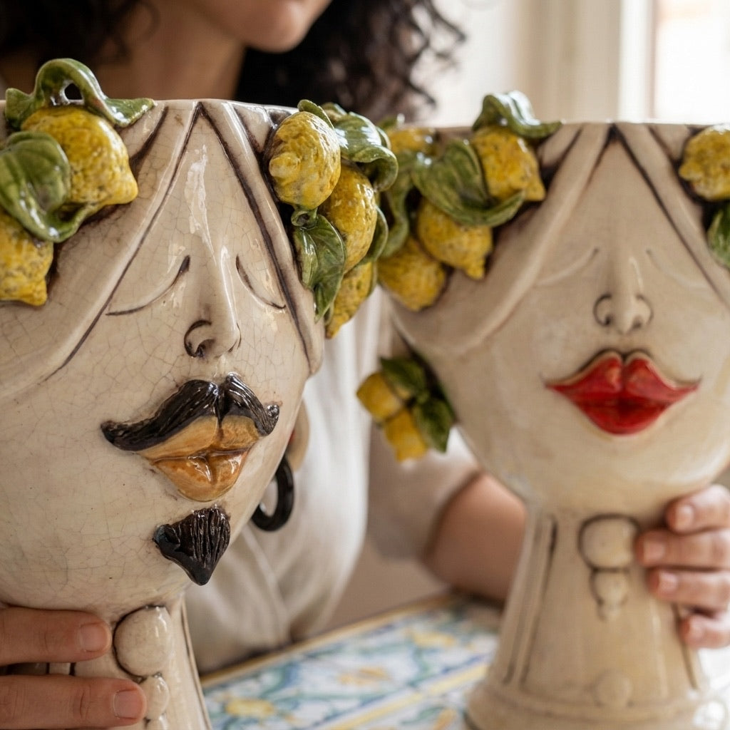 Testa h 30 Zahira Limoni Siciliani in Madreperla viso uomo - Ceramiche di Caltagirone Sofia