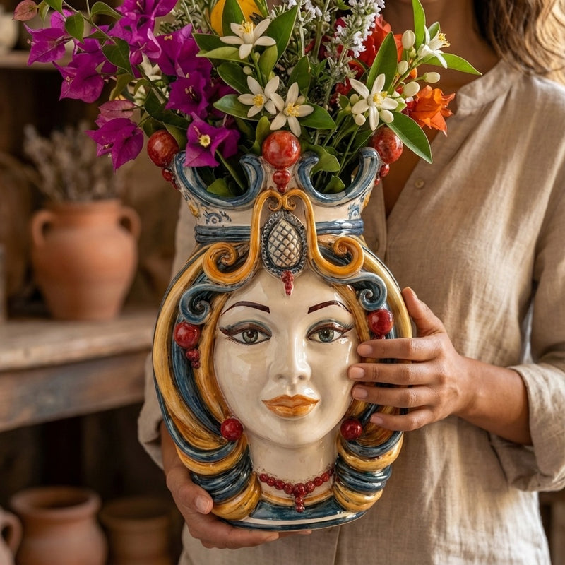 Ceramic Head of Sicily h 38 blu and orange female - Sofia Ceramiche artistic Ceramics